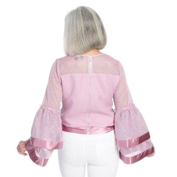 Marc Bouwer Unlimited Lavender Mesh Long Double Tiered Bell Sleeve Top size L  - Picture 3 of 6